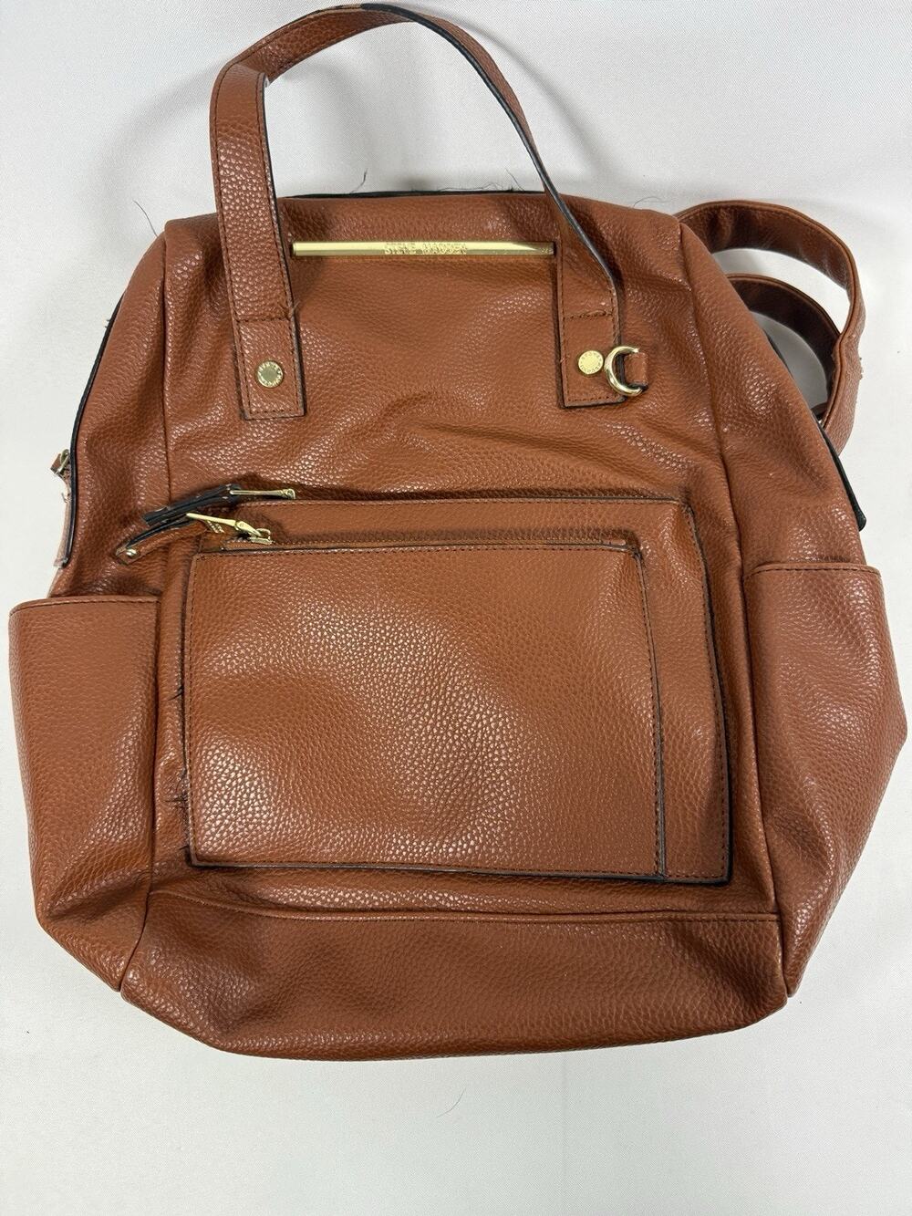 Steve Madden Brown Faux Leather Backpack Tote Bag Large Zip Closure Women’s